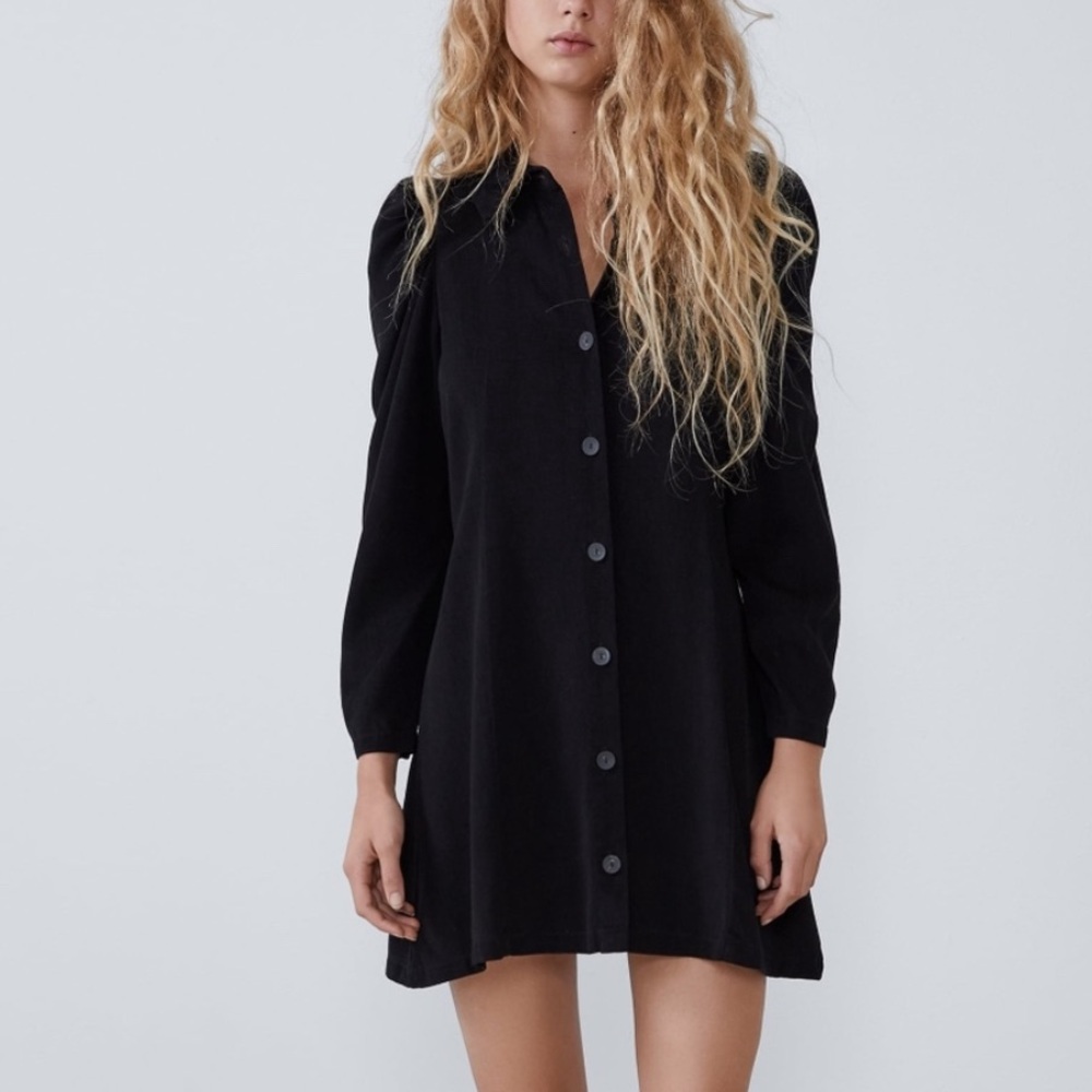 ZARA Flowy Button Down Shirt Dress Balloon Sleeves Size M LITTLE BLACK DRESS